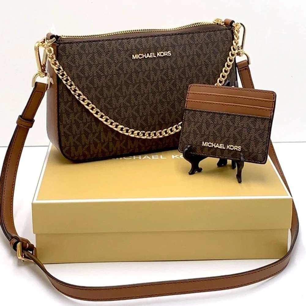 MICHAEL KORS GIFTABLE SHOULDER BAG & CARD HOLDER BOXED SET Brown signature NWT